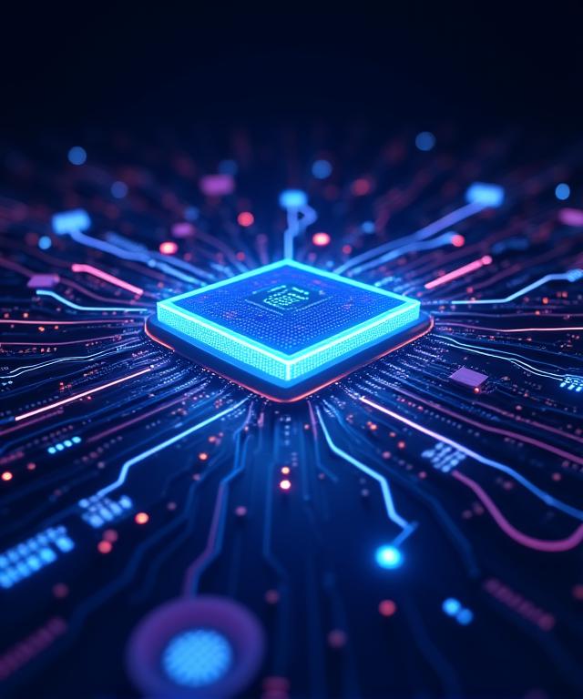Abstrakte Visualisierung von Code und Hardware-Komponenten.